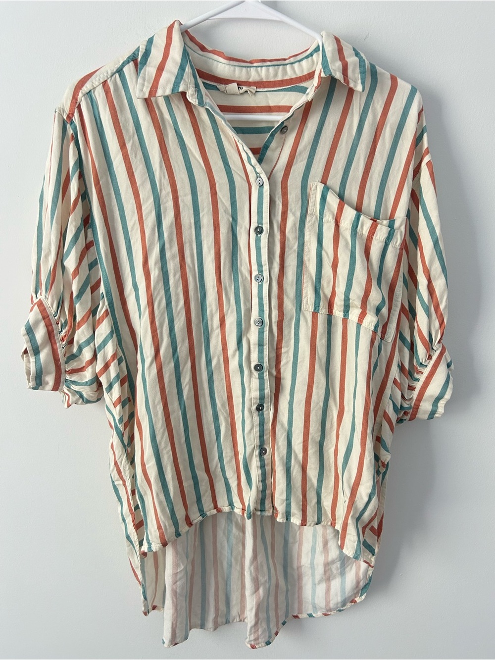 Entro Cream Button-Down Shirt with Teal & Rust Stripes